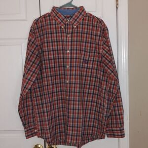 Chaps Easy Care navy reddish orange plaid button down shirt  Sz L